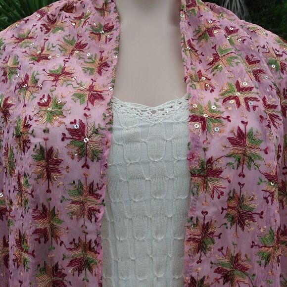 NWOT RAJ Pink & Multicolored Embroidered Stars Sequins Silk India Scarf/Wrap - Picture 5 of 11